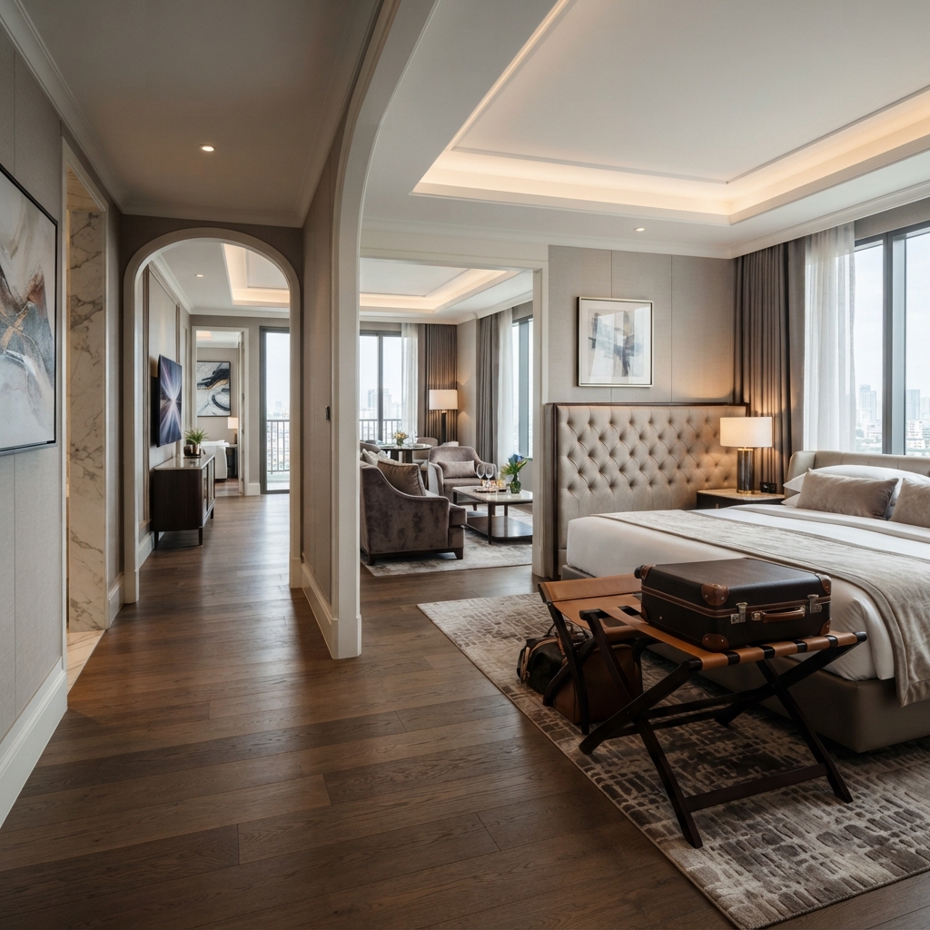 Foldable suitcase stand positioned on hardwood flooring within a sophisticated hotel suite