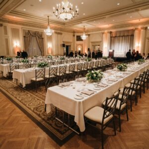 Folding banquet tables configured in imperial center aisle layout with dark chairs and floral centerpieces