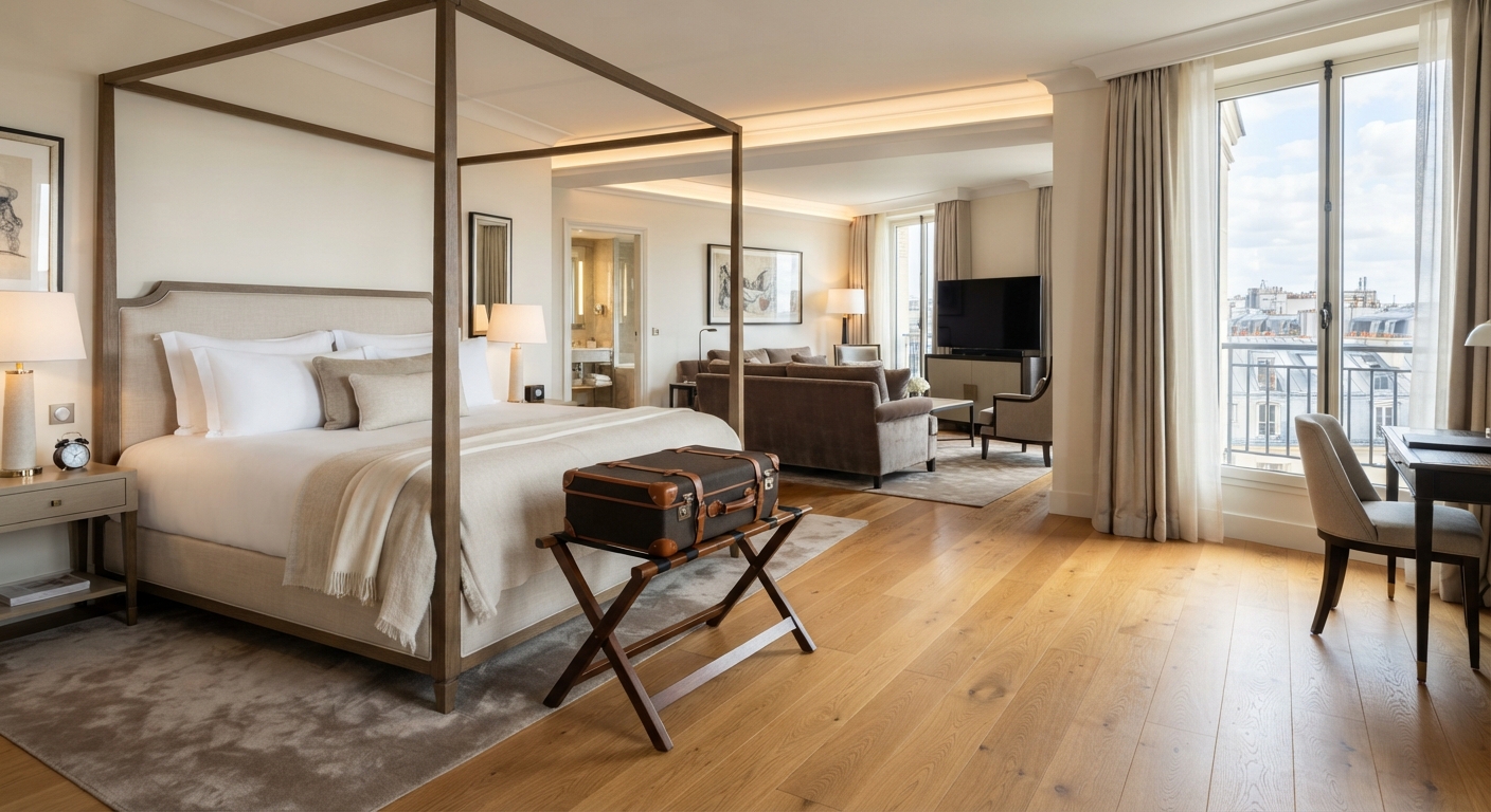 Folding suitcase holder crafted from metal and wood, set in a premium four-poster bed hotel room