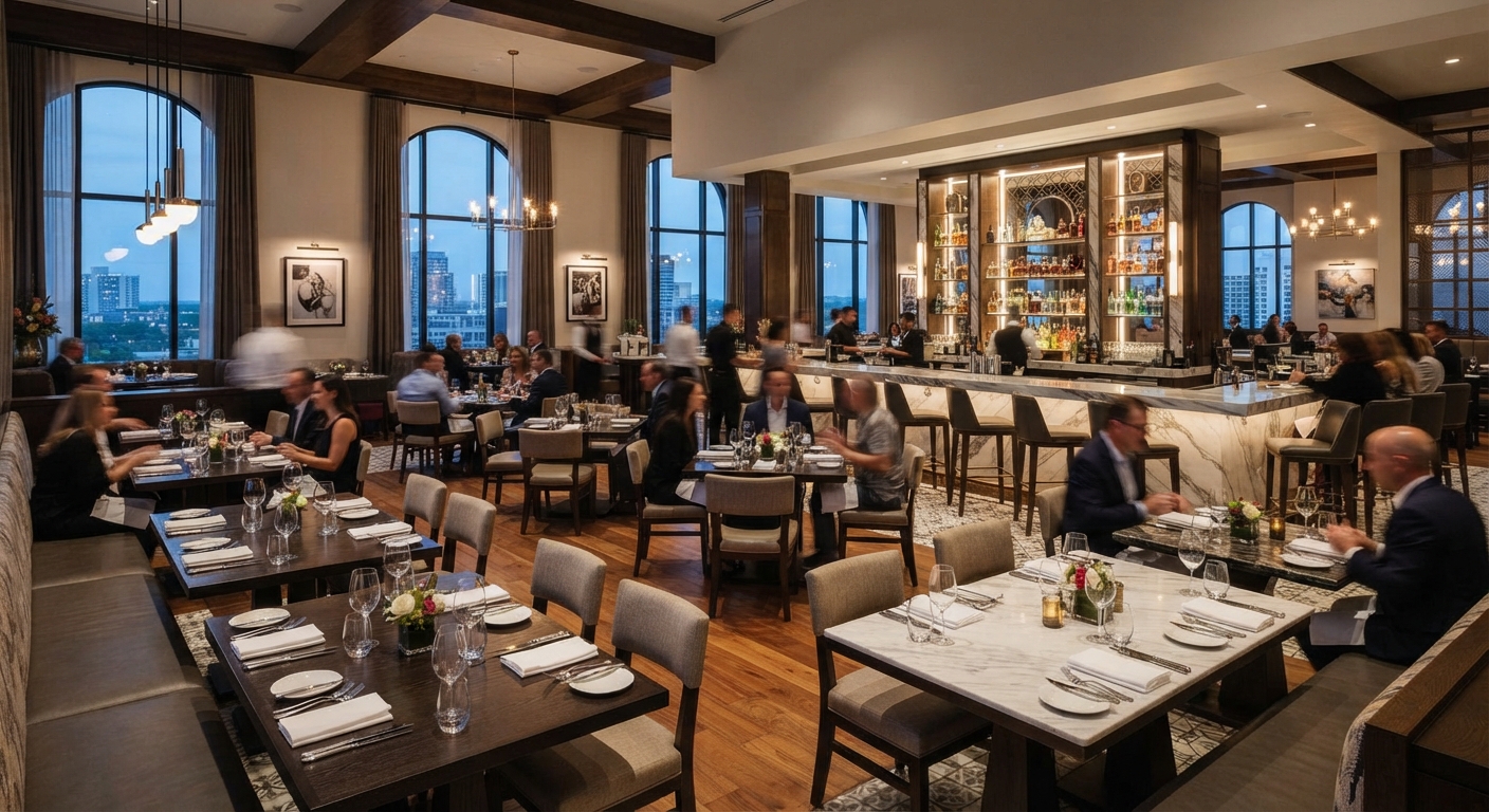 Modern hotel dining room interior with a view of the city through large windows, featuring dark wood tables and chairs, a bar counter, and warm, pendant lighting.