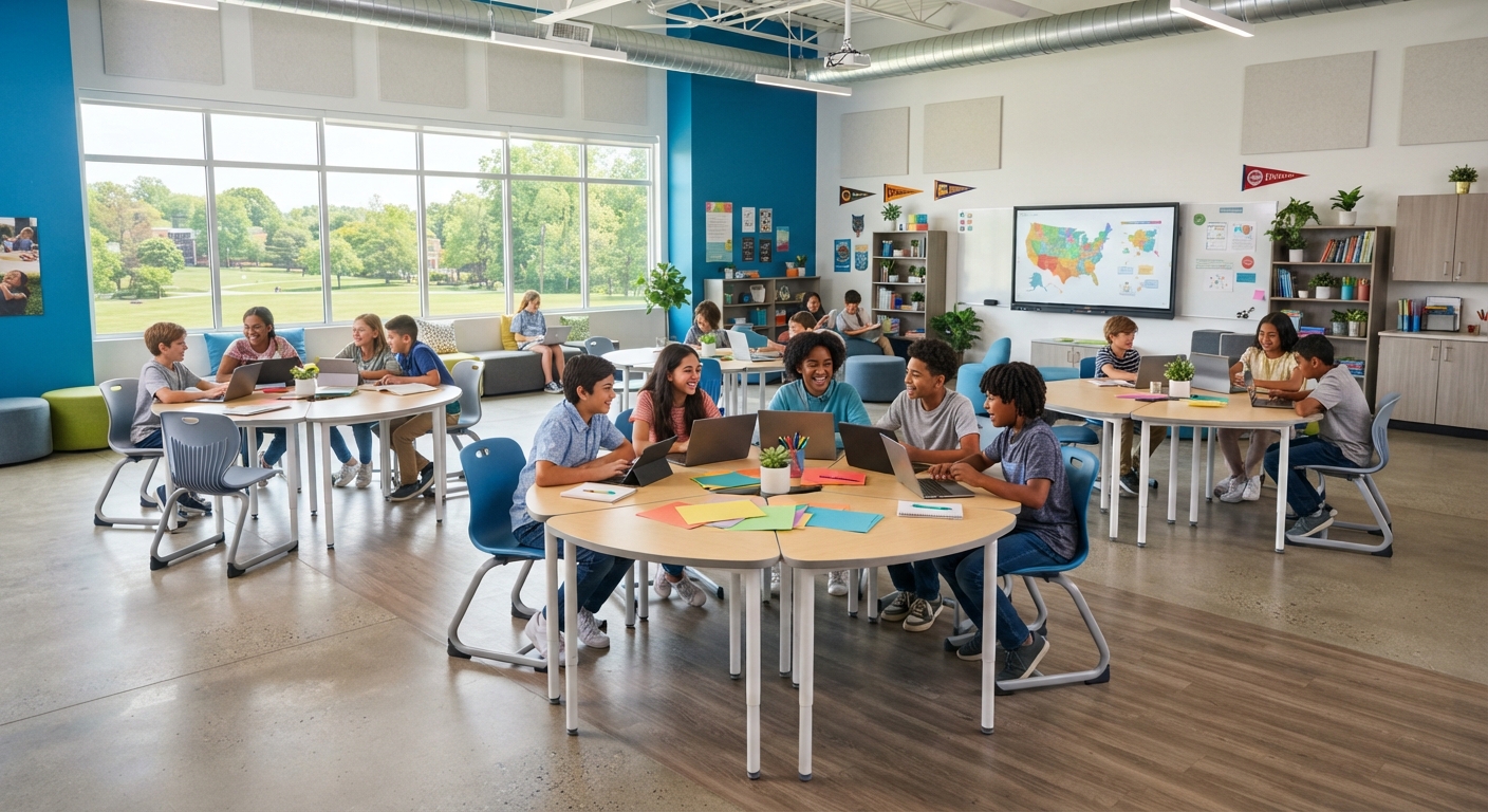 Contemporary classroom design featuring flexible, movable student desks arranged for group collaboration, equipped with laptops and interactive whiteboards