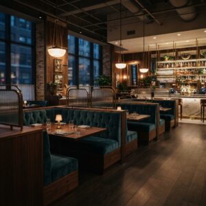 Luxury hotel dining room featuring opulent teal velvet channel-tufted booth seating separated by decorative metal screens, paired with walnut dining chairs and tables