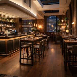 warm lighting setting showcasing hospitality high top pub tables and bar seating near a hotel bar counter