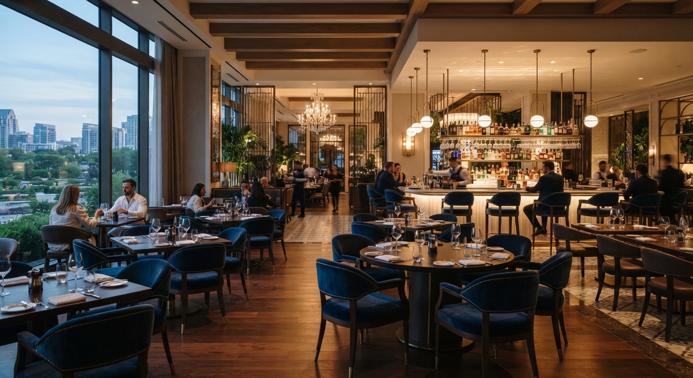 Modern Royal Dining Chairs with blue velvet fabric arranged in a bustling hotel restaurant with city views, highlighting commercial dining furniture