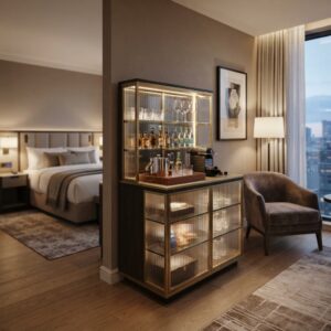 Hospitality fluted glass sideboard and mini-bar cabinet setup in a high-end hotel guestroom suite interior