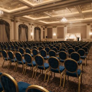 Ergonomic hotel ballroom chairs arranged with wide aisle clearance for high-turnover hospitality events