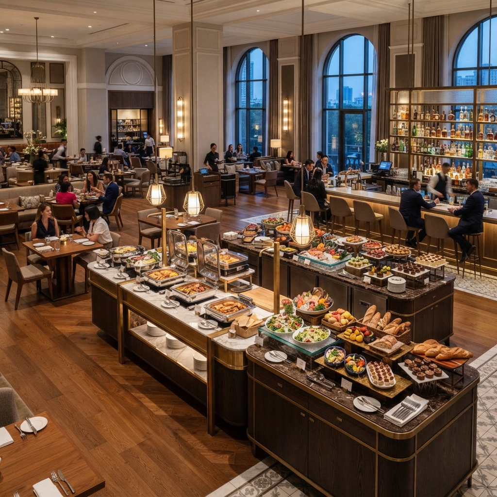 Modern hotel buffet island with an overhead lit display structure, showcasing various hot entrées and pastries.