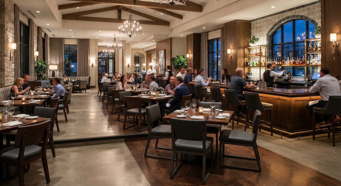 Royal Dining Chairs upholstered in charcoal grey fabric positioned in an upscale hotel dining space with wooden ceiling beams and brick accents