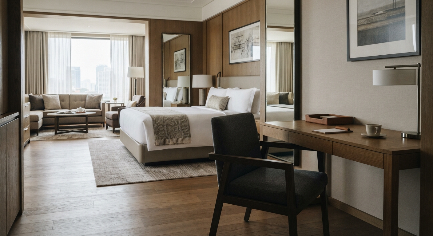 Contract grade hotel desk chair for hospitality projects featuring a solid wood frame and upholstered armchair design