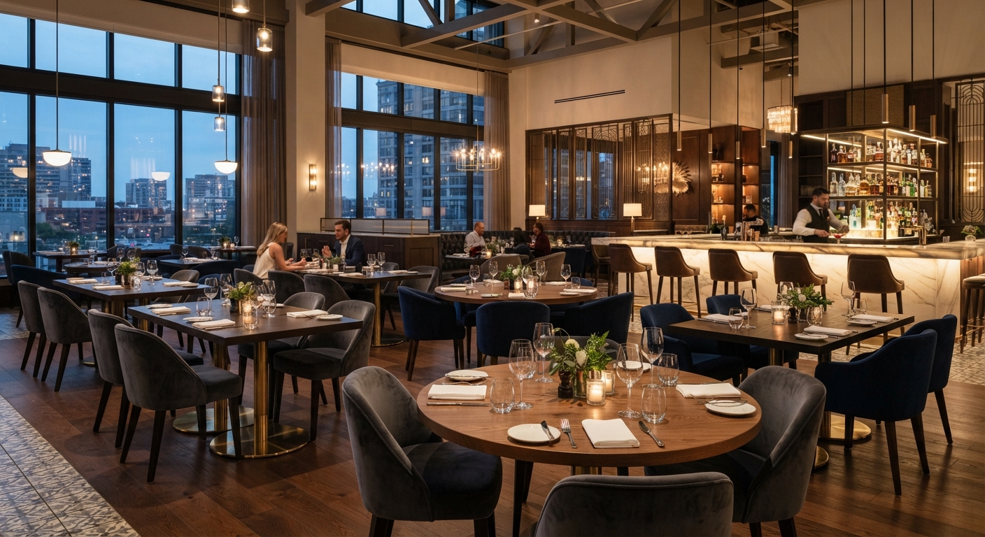 Warm, inviting hotel restaurant interior with dark wood dining tables and chairs, brick walls, and a fully-stocked bar, accented with pendant lights and mirrors.