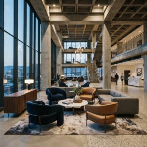 Stylish hotel lobby seating and modern accent chairs showcased in a high-ceiling industrial chic commercial interior