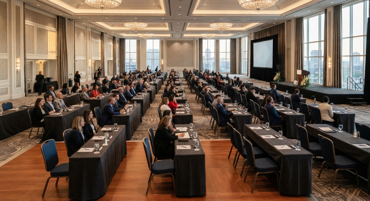 Large hotel conference hall arranged in a classroom setup with dark-clothed long tables, blue chairs, a stage, and a projection screen