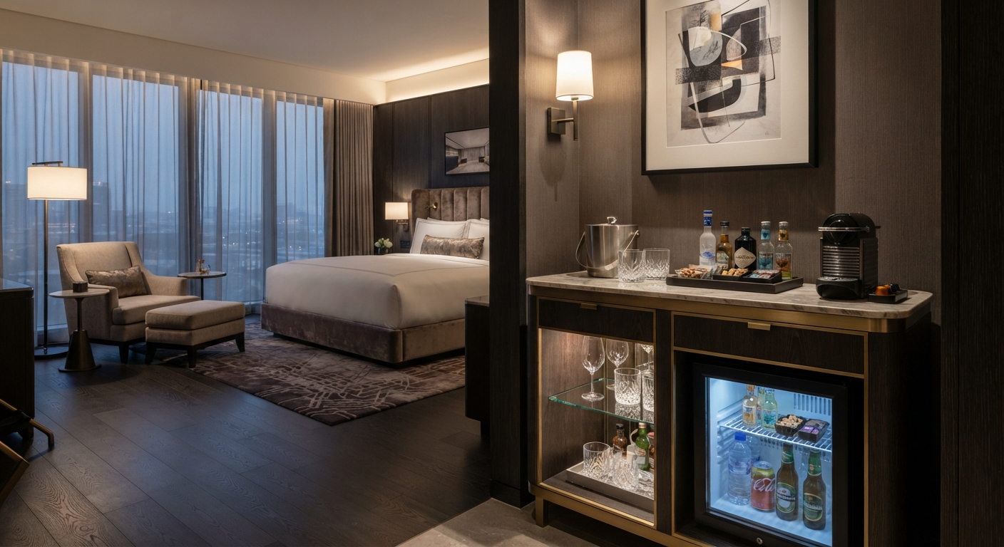 Hotel room minibar station and coffee bar unit with ambient lighting inside a contemporary guestroom