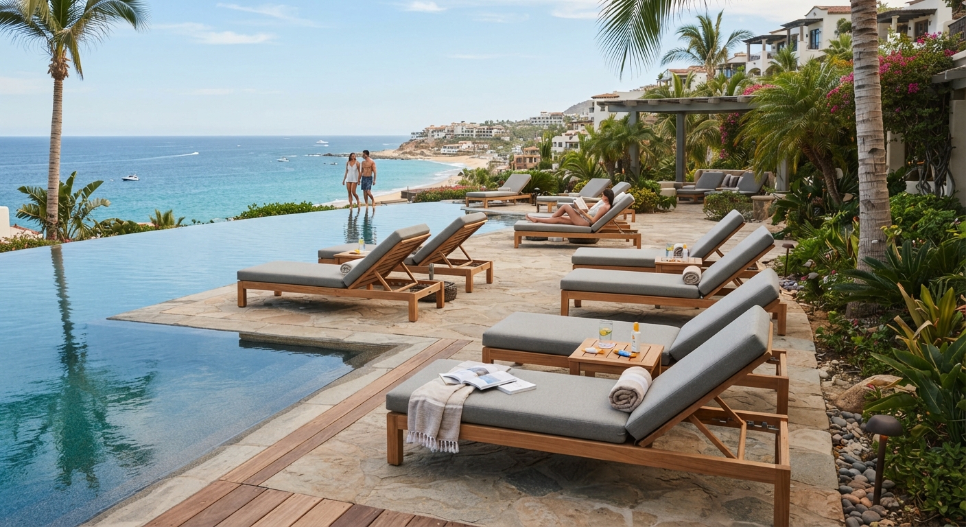 Premium teak outdoor chaise lounges with grey cushions lined up at an oceanfront resort