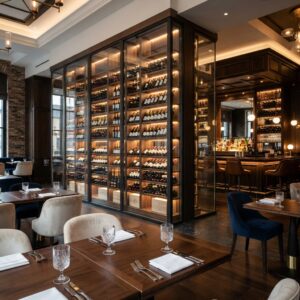 View across restaurant tables towards a grand illuminated wine display cabinet in a luxury hotel setting