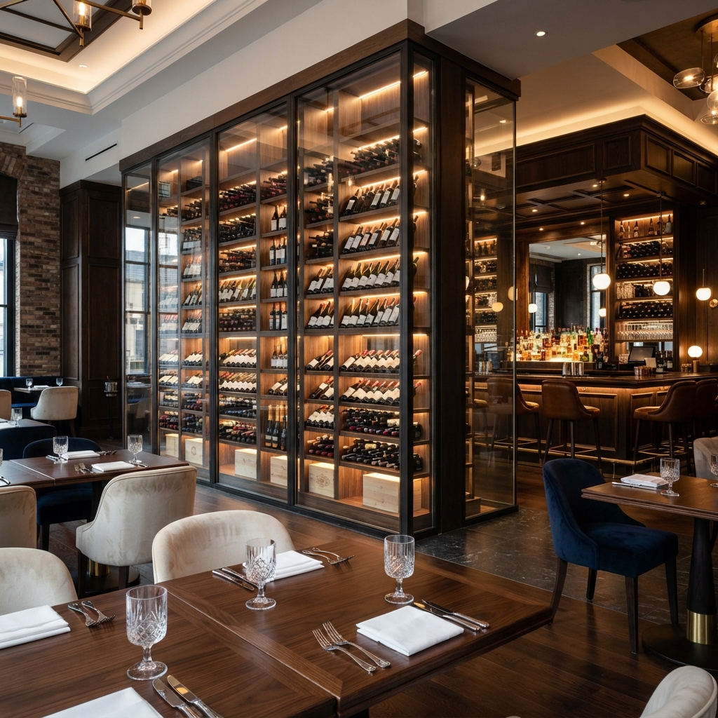 View across restaurant tables towards a grand illuminated wine display cabinet in a luxury hotel setting