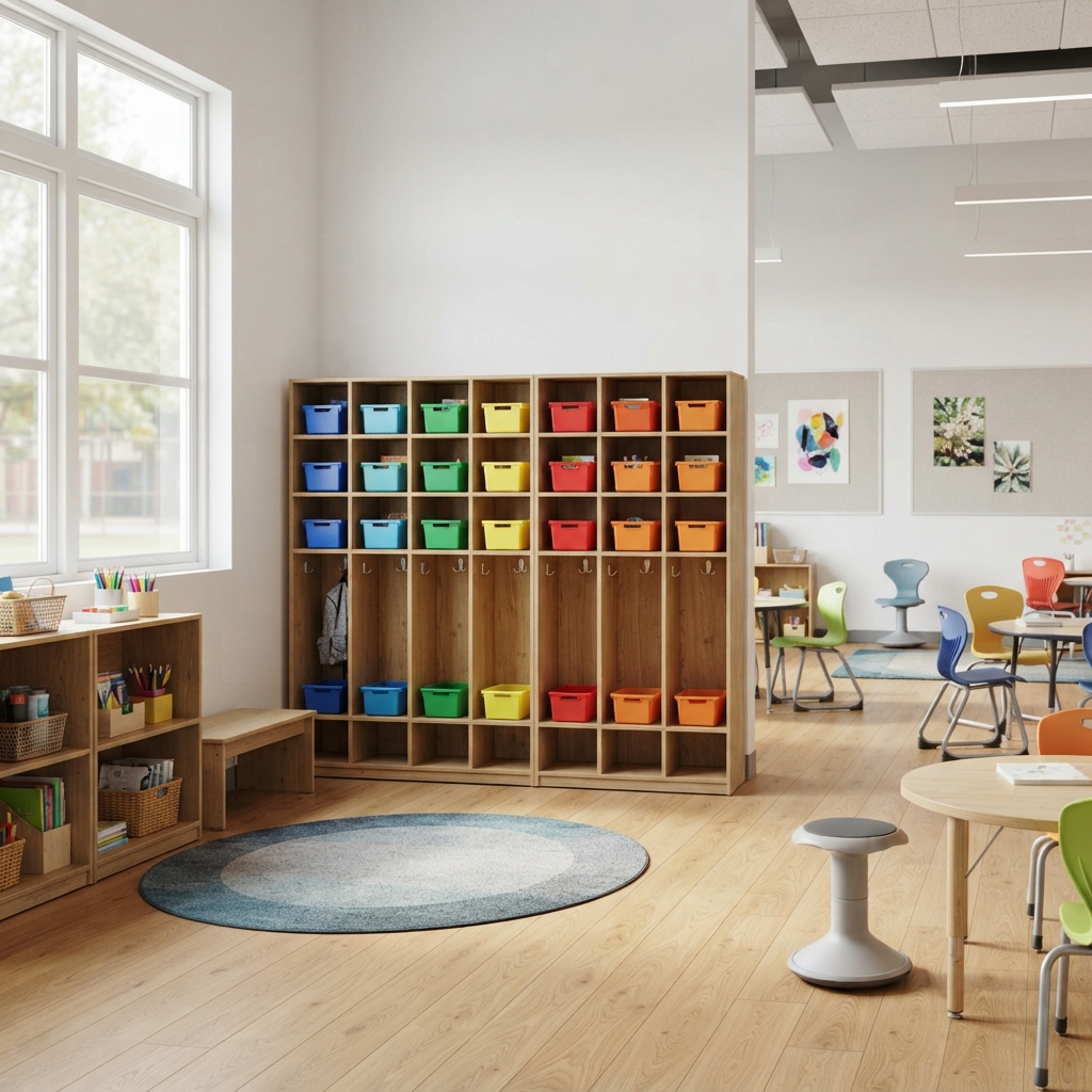 Kindergarten furniture featuring natural wood classroom cubbies with coat hooks and colorful plastic storage bins
