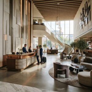 Luxury lobby reception counter featuring custom metal trims and modern architectural decor