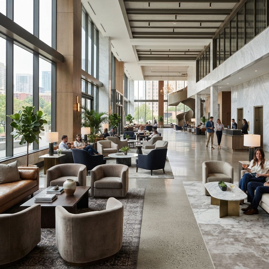 Stylish hotel lounge center tables and commercial coffee tables in a five-star interior design setting