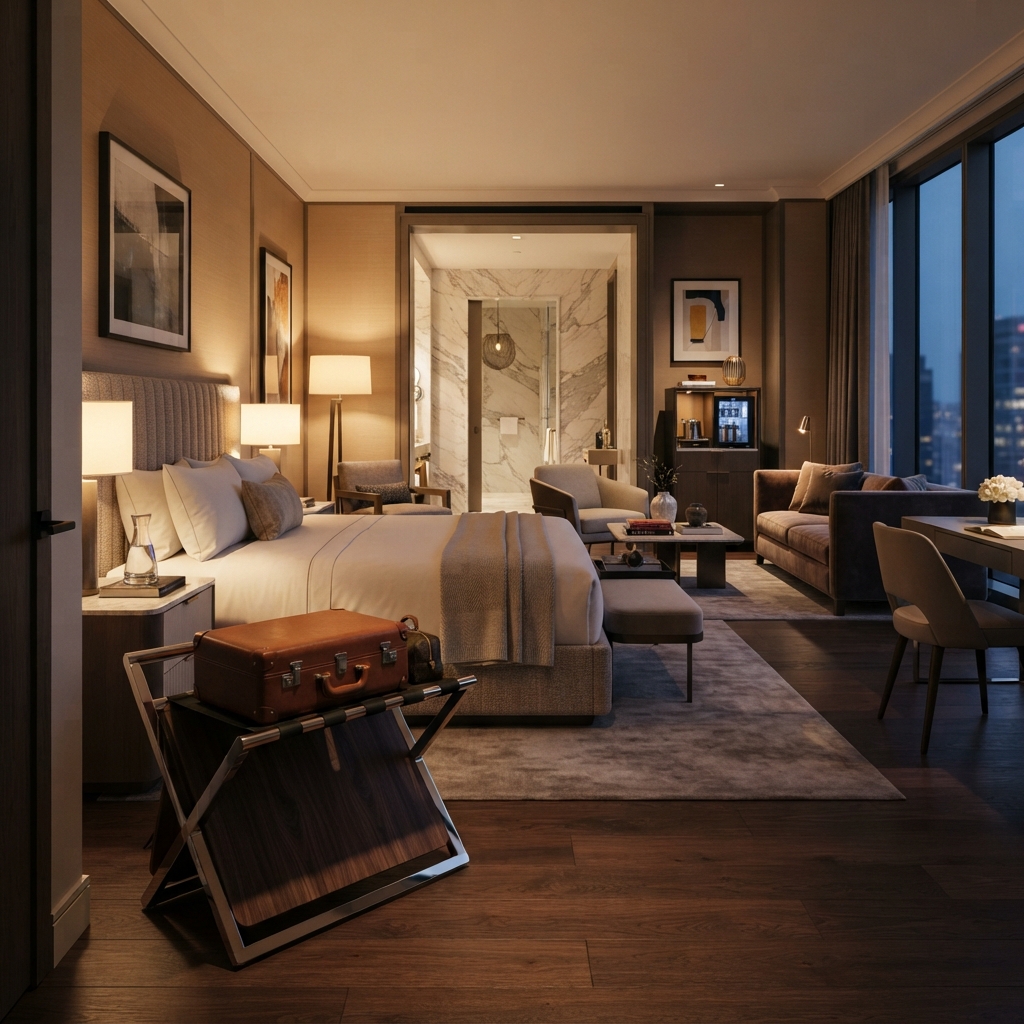 Luggage rack for hotel room featuring a sleek metal and wood design near the entryway