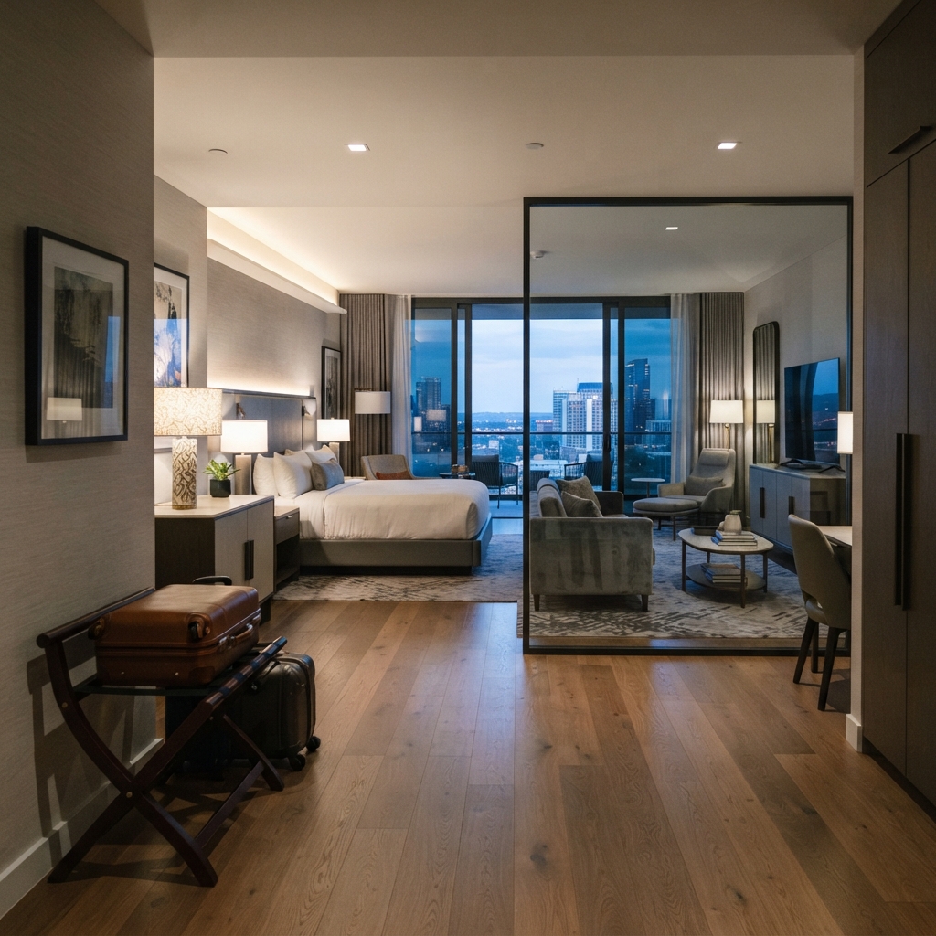 Metal and wood luggage rack holding travel bags in a contemporary luxury hotel guest room