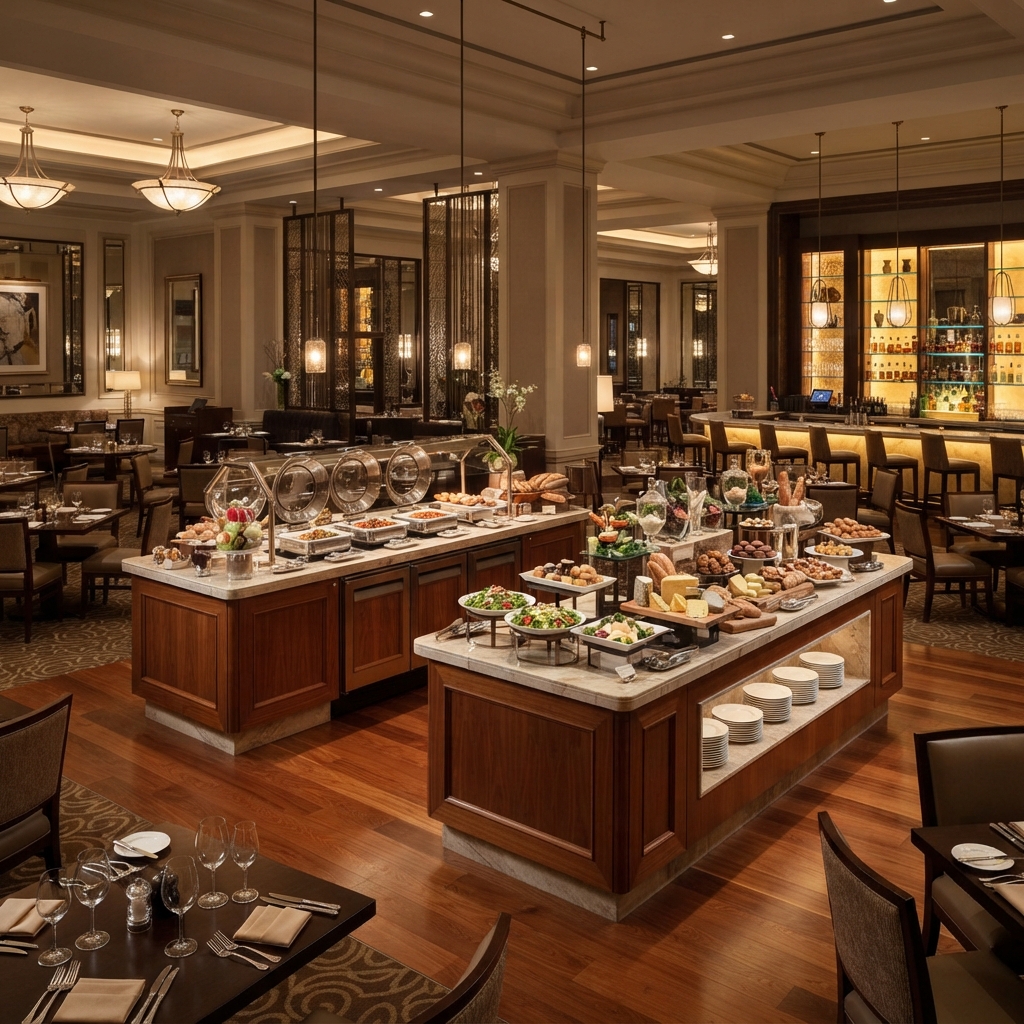 Elegant hotel restaurant interior with a central buffet table laden with salads, breads, and desserts, under warm pendant lights.