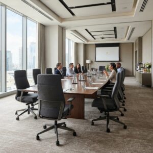 Modern Office Conference Room Chairs with Casters and Dark Upholstery in Hotel Board Meeting