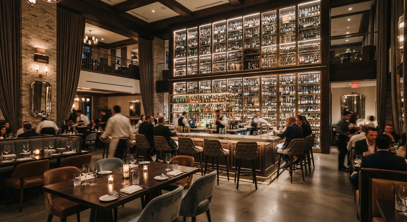 Bustling hotel bar and restaurant with staff serving and guests enjoying dinner near a large wine rack