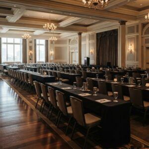 Ballroom featuring classroom-style black-clothed long training tables and chairs set up for a seminar or conference with warm crystal chandelier lighting