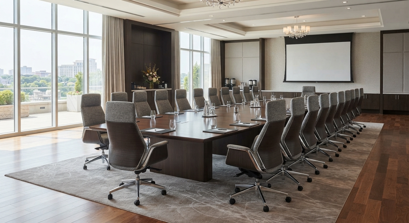 Modern Executive Conference Room Chairs in Luxury Hotel Boardroom with Panoramic City View