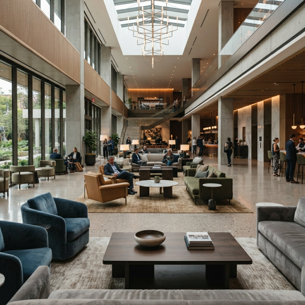 Modern contract coffee tables and center tables placed in a luxury resort and hotel lounge