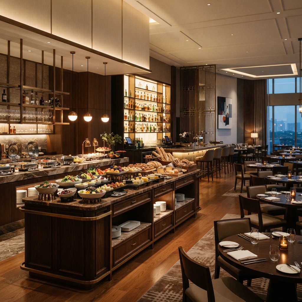 Contemporary hotel buffet serving station with marble countertop and dark wood cabinets, featuring a well-arranged display of food.