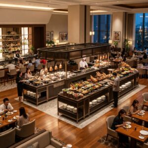 Luxury hotel buffet island with marble top and dark wood base, featuring a chef at the carving station.