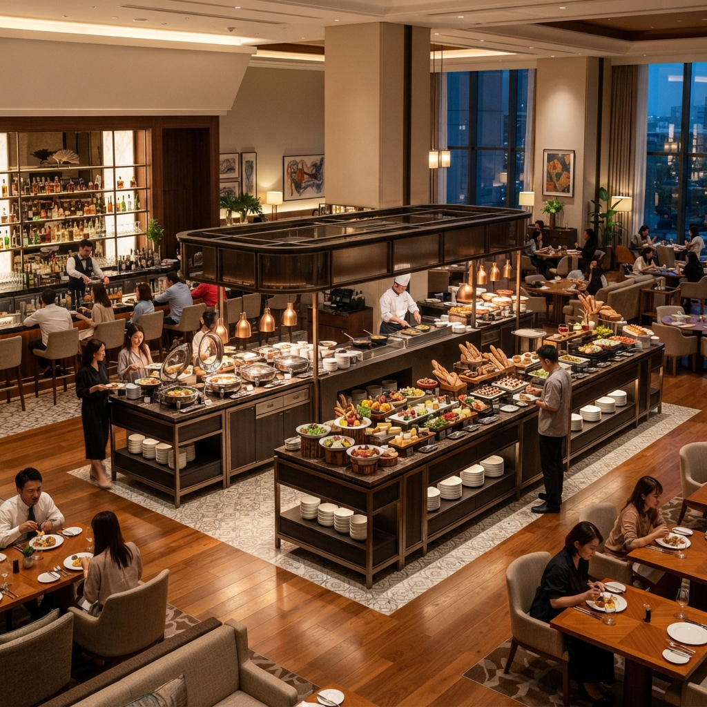 Luxury hotel buffet island with marble top and dark wood base, featuring a chef at the carving station.