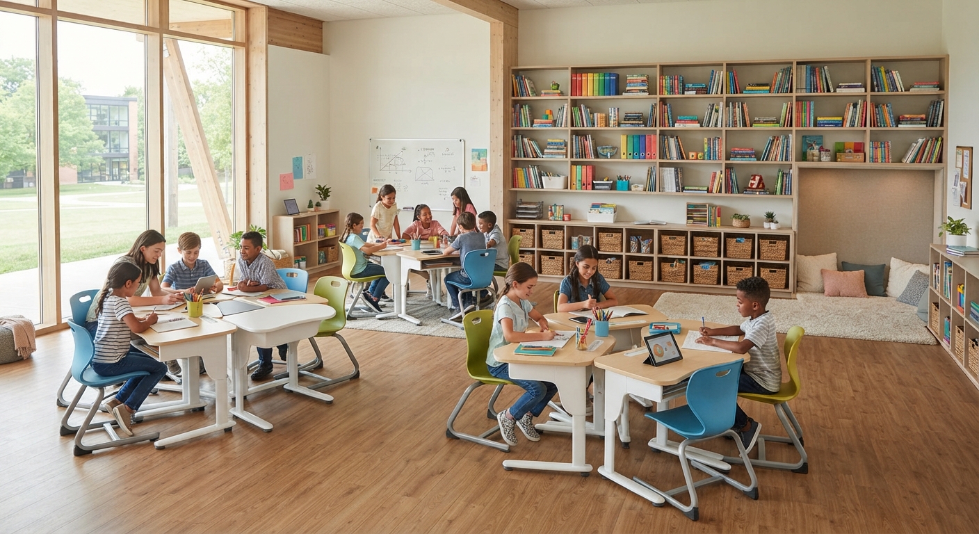 Flexible school learning space highlighting modular library furniture against the back wall, students engaged in group discussions around height-adjustable student desks