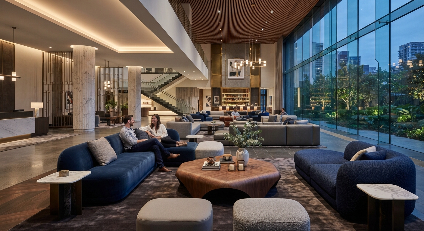 Bespoke modular lounge seating and hotel lobby sofas with built-in wooden consoles in a multi-level atrium