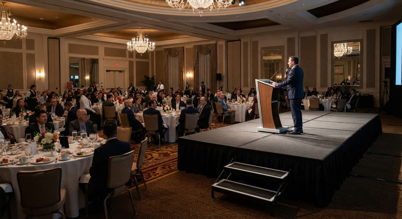 Hotel banquet hall with theater-style seating facing a modular portable stage with black skirting and a simple dark wood podium