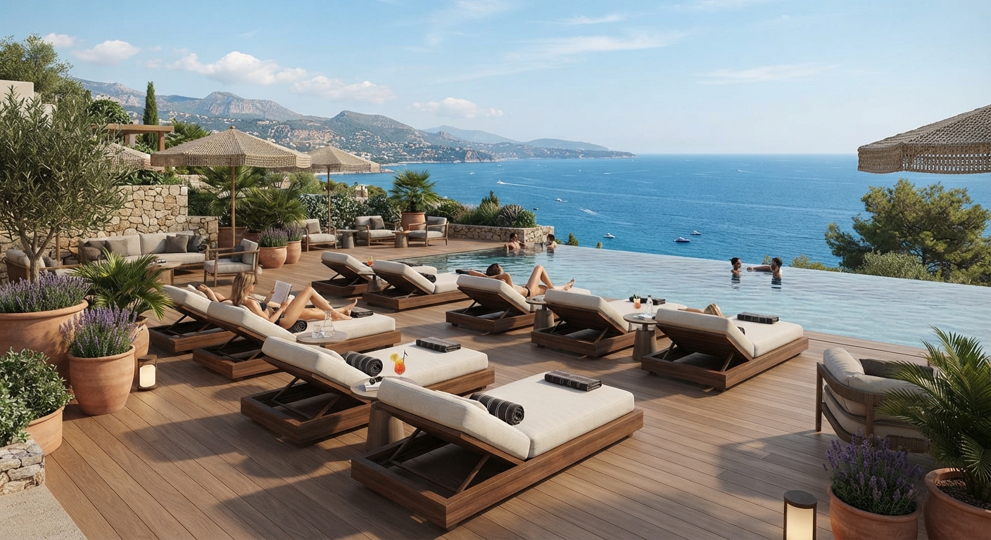 Stylish wooden sun loungers with light grey cushions on a hotel terrace with potted plants and sea view