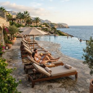Relaxing hotel sun loungers with beige cushions and side tables on a stone patio by the pool