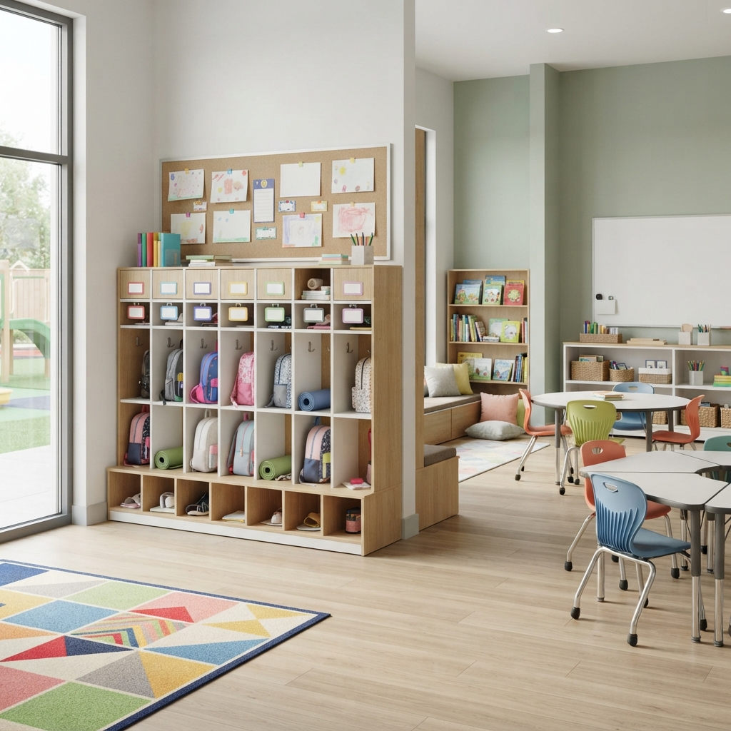 Modular preschool storage lockers and wooden classroom cubbies equipped with top name labels and backpack hooks