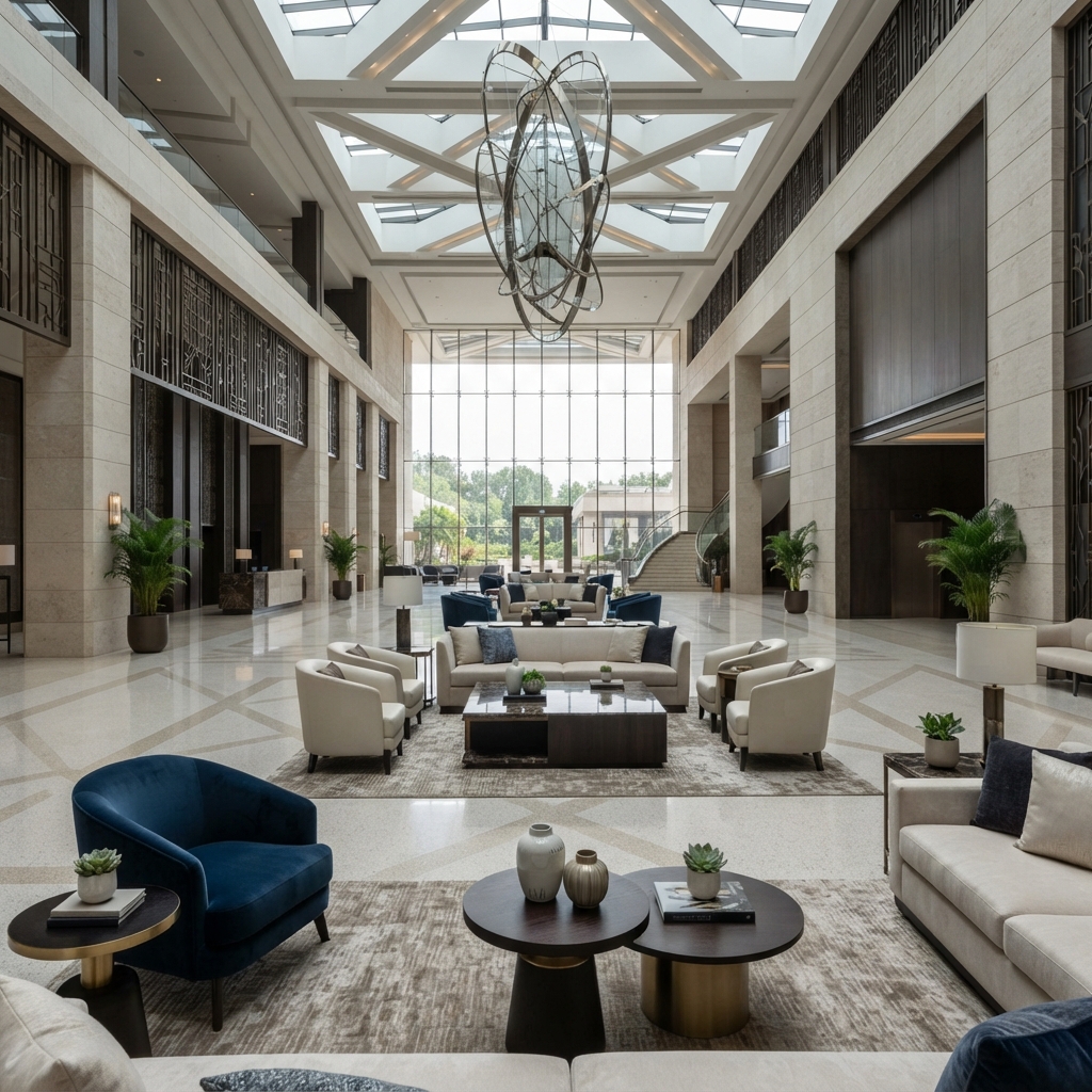 Modern commercial hospitality furniture and public area coffee tables in a luxury hotel lobby