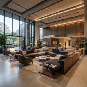 Commercial public area modular sofa and sectional seating arrangement in a modern high-rise hotel lobby interior