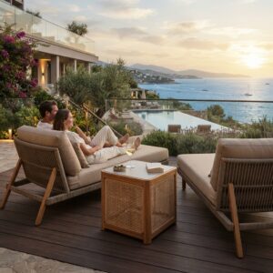 Teak and woven cane cube outdoor side table styled on sunset sea view hotel wooden deck