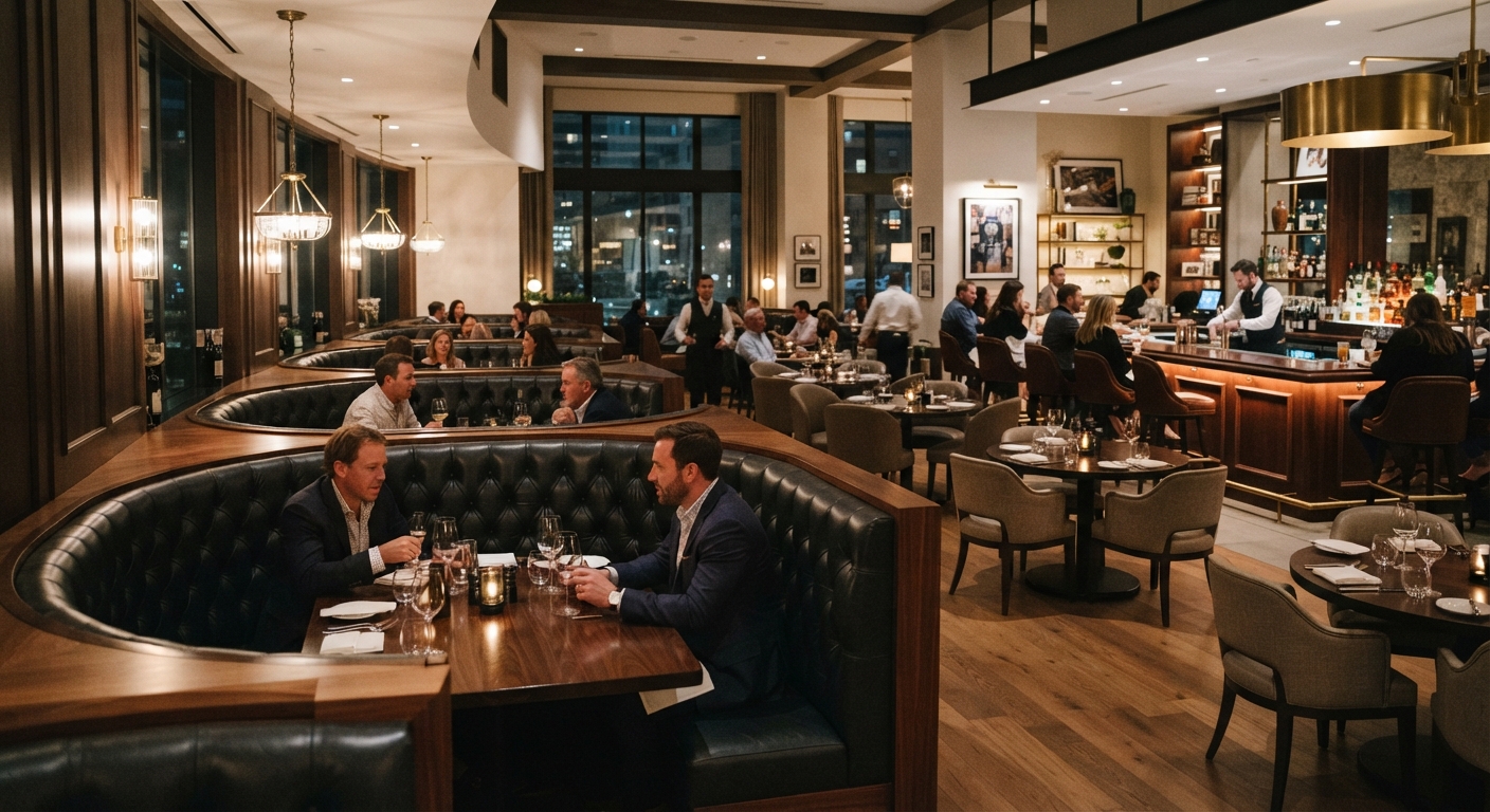 Hotel restaurant interior featuring semicircular dark leather tufted booth seating, walnut wood dining chairs, and dark wood tables in a sophisticated dining and bar area