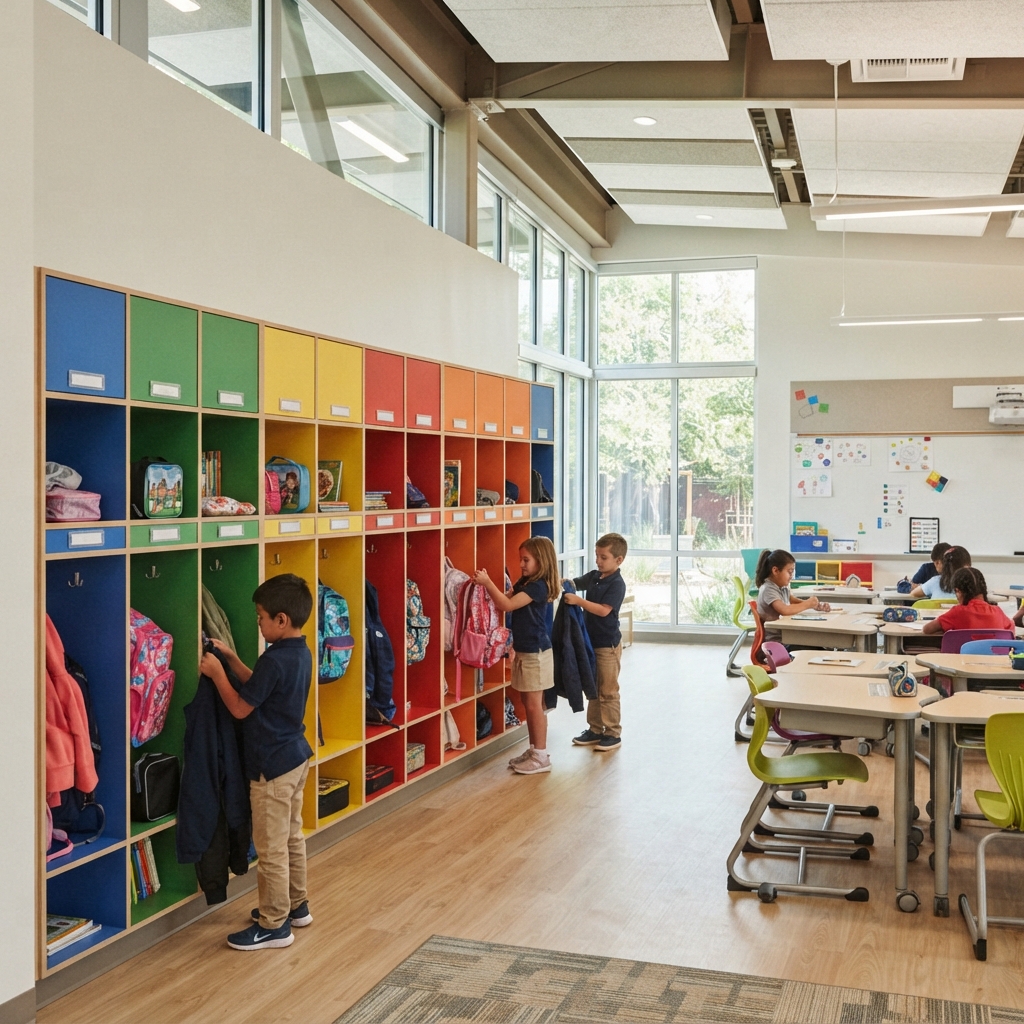 Bright multi-colored school coat lockers and classroom cubbies helping young students organize jackets and supplies