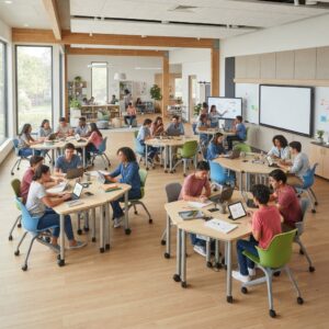 Modern open-plan K-12 classroom with students collaborating at flexible modular desks and using laptops in a bright, spacious learning environment