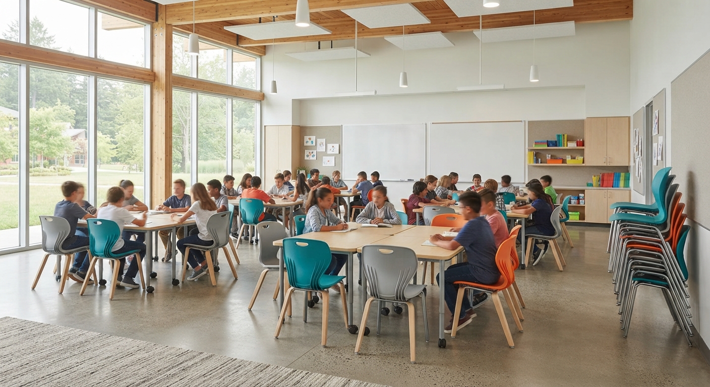 Bright, empty modern classroom ready for students, featuring blue cantilever stackable chairs arranged around grouping tables and a stack of chairs near the whiteboard