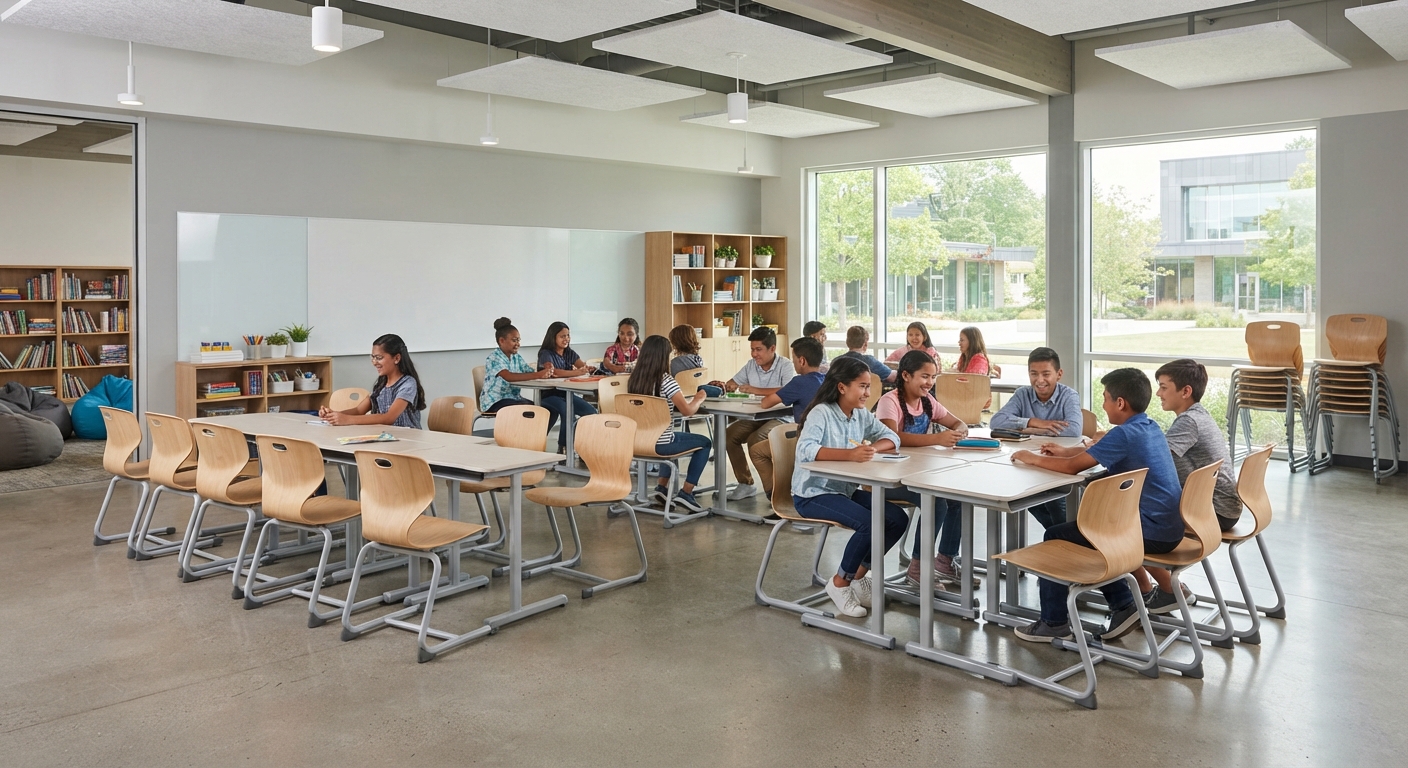 Wide shot of a full, bustling classroom with diverse students using a mix of grey and teal cantilever stackable chairs and a tall stack of chairs in the background