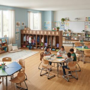 Functional student storage furniture and wooden classroom cubbies placed in an open-plan modern learning environment