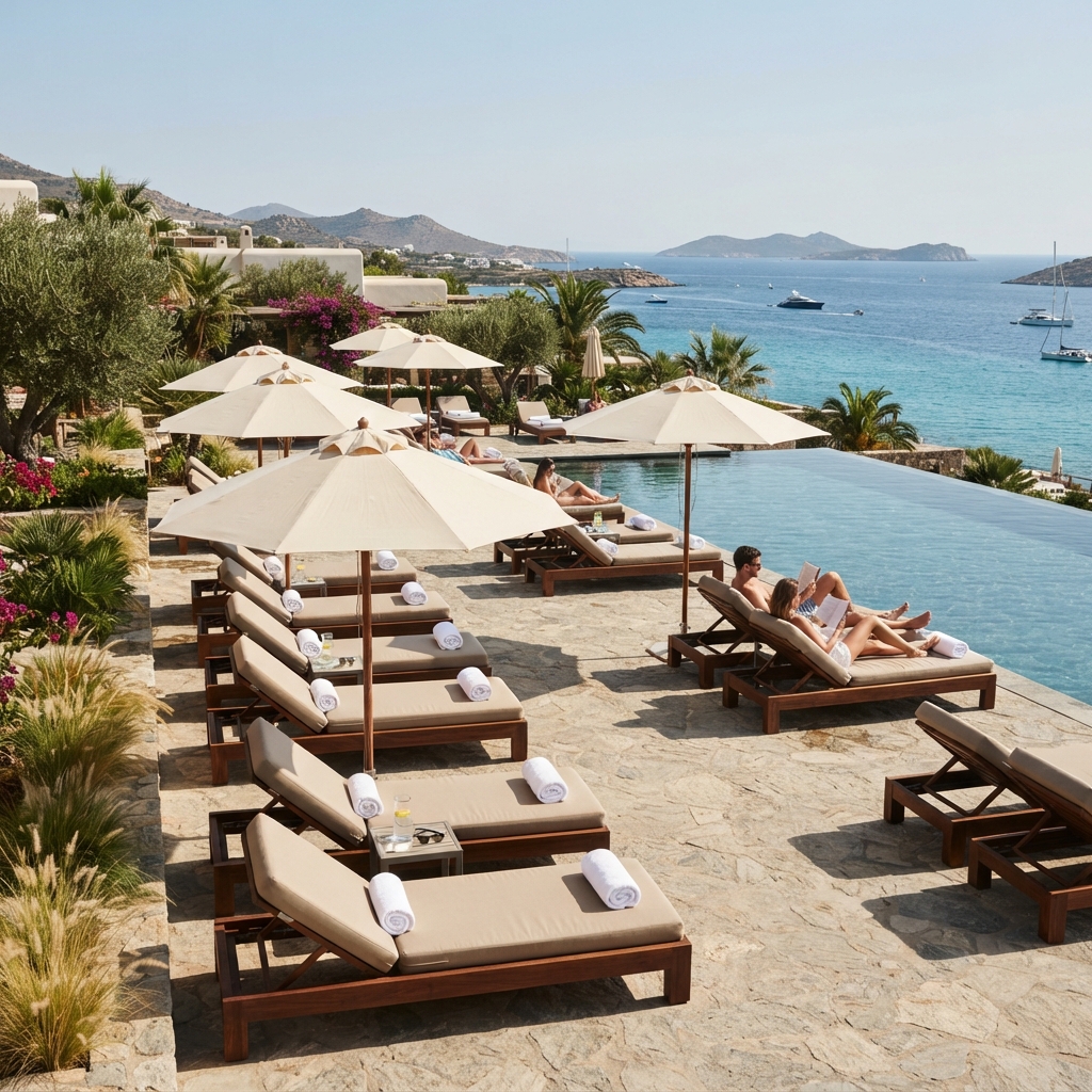 Luxury teak hotel sun loungers with beige cushions by a Mediterranean infinity pool